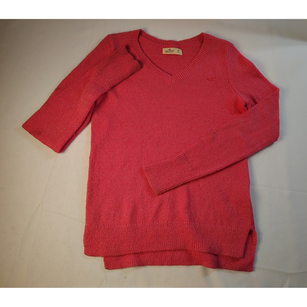 Hollister Coral Pnk V-Neck Long Sleeve Knit Sweater Pullover Embroidered Logo XS
